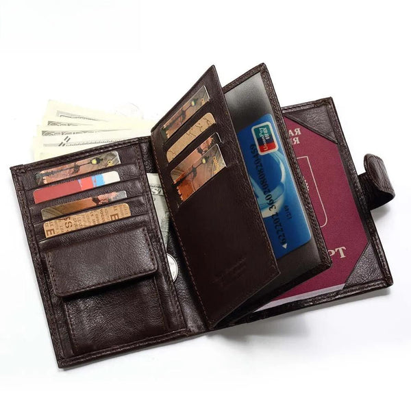 Cartera de cuero genuino para hombre, porta pasaporte, monedero, billetera mágica