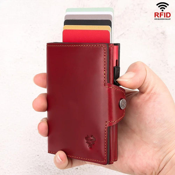 Nuevo tarjetero automático de piel auténtica para mujer, con bloqueo RFID, para tarjetas de crédito.