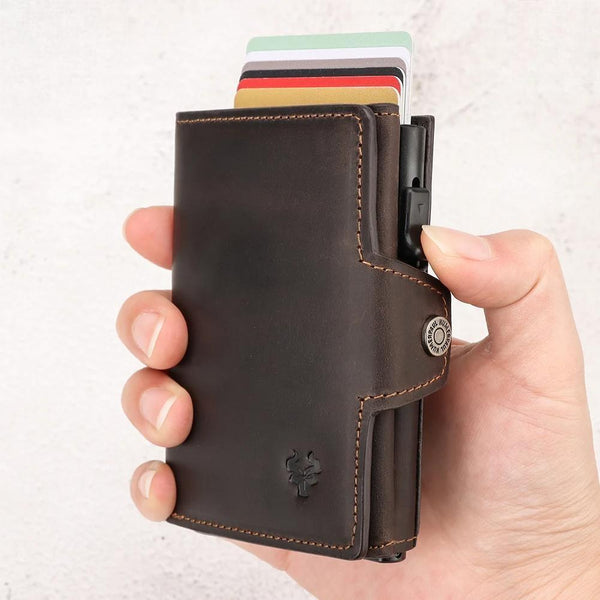 Tarjetero inteligente emergente para hombre, tarjetero de cuero genuino RFID