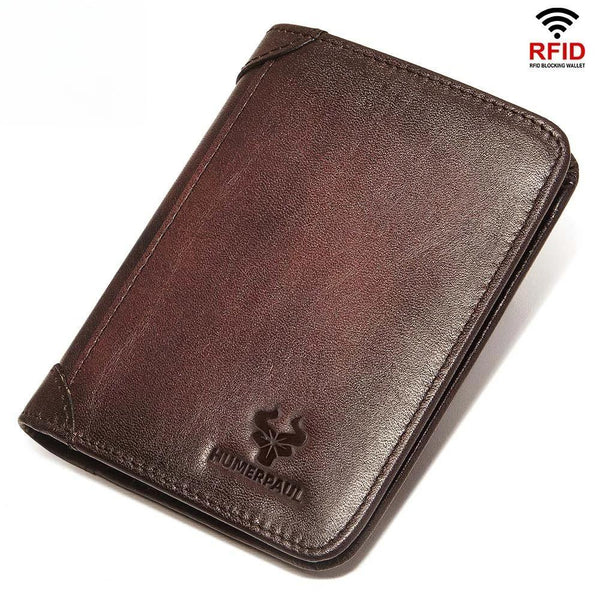 Cartera de cuero genuino con protección RFID para hombre, monedero delgado con tres pliegues y bolsillo frontal.