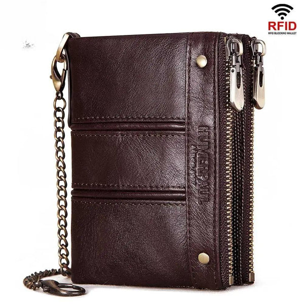 Cartera para hombre de piel auténtica, diseño de lujo, con cremallera, monedero, tarjetero corto.