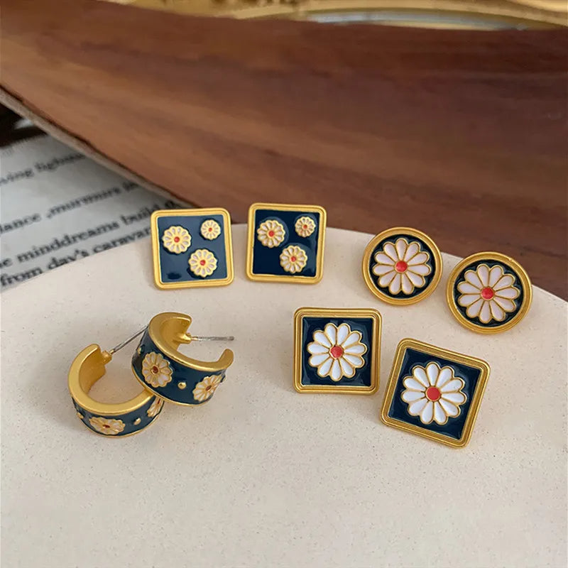 Korean Cute Vintage Flower Enamel Square Round Glaze Stud Earrings