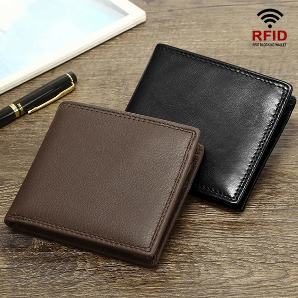 Cartera de piel de vacuno auténtica para hombre con bloqueo RFID, tarjetero, monedero