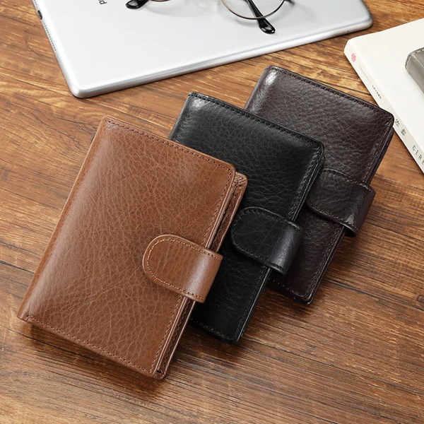 Cartera triple de piel auténtica vaquera para hombre, delgada, RFID, tarjetero