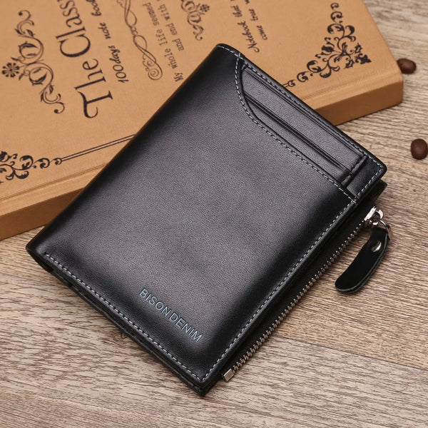 Cartera de piel de vaca auténtica para hombre con bloqueo RFID, tarjetero, monedero