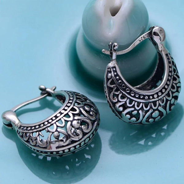 Pendientes huecos con forma de luna y diseño de flores de plata de ley 925 auténtica para mujer
