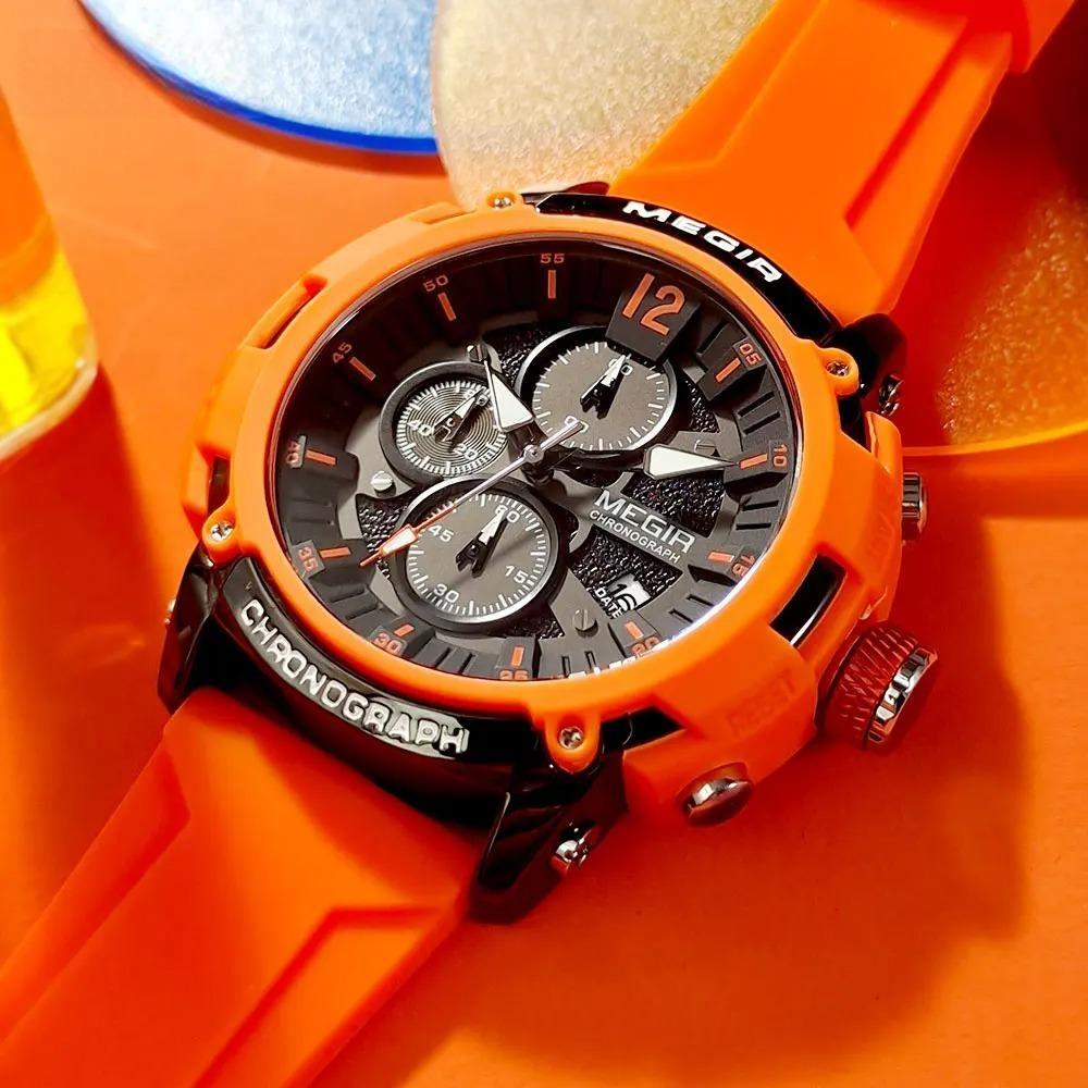 Orange Sport Watches for Men Fashion Waterproof Luminous Chronograph Quartz Wristwatch