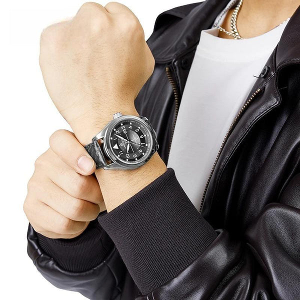 Reloj de pulsera analógico de cuarzo con calendario, resistente al agua y con correa de cuero para hombre.