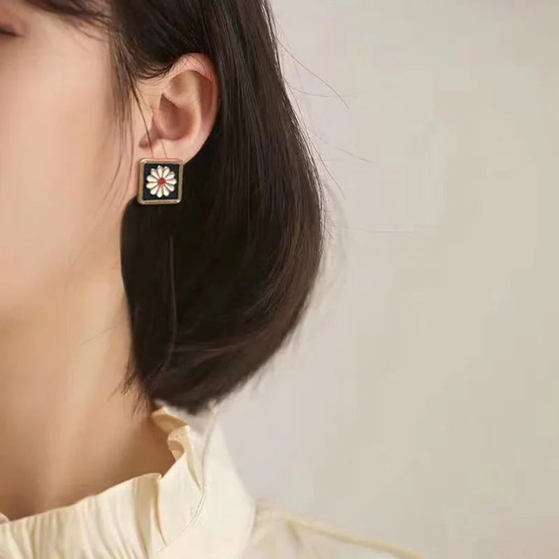 Korean Cute Vintage Flower Enamel Square Round Glaze Stud Earrings