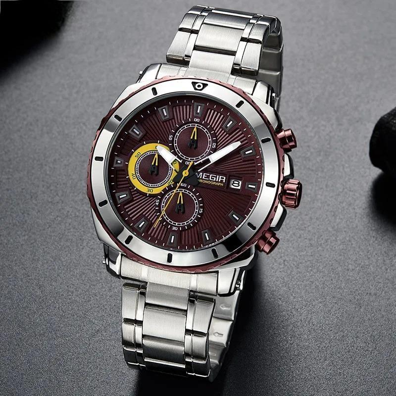 Men's Blue Dial Chronograph Quartz Watches Fashion Stainless Steel Analogue Wristwatches for Man