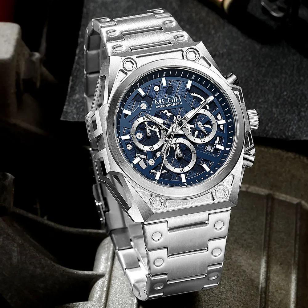 Blue Watch Men Stainless Steel Dress Wrist Watch Man Waterproof Chronograph Quartz Watches