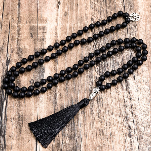 Collar Mala 108 con cuentas de ágata negra mate de 8 mm para meditación