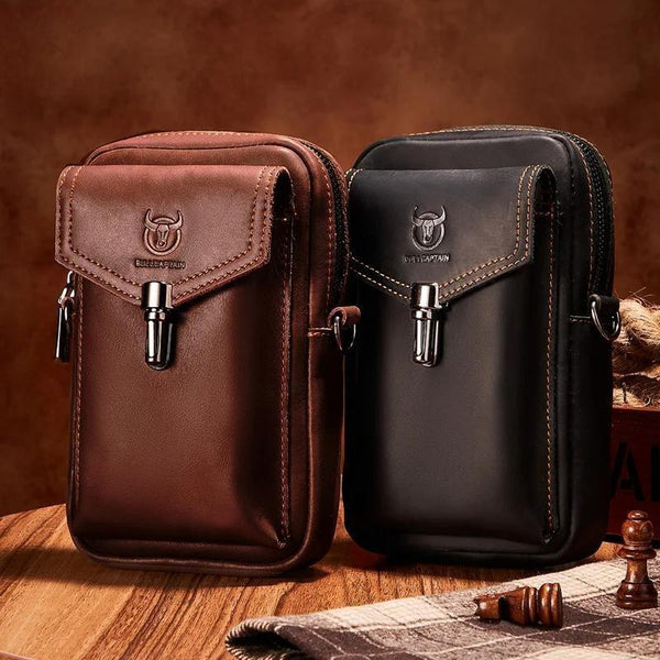 Riñonera de cuero Crazy Horse para hombre, multifuncional, para teléfono móvil de 7 pulgadas