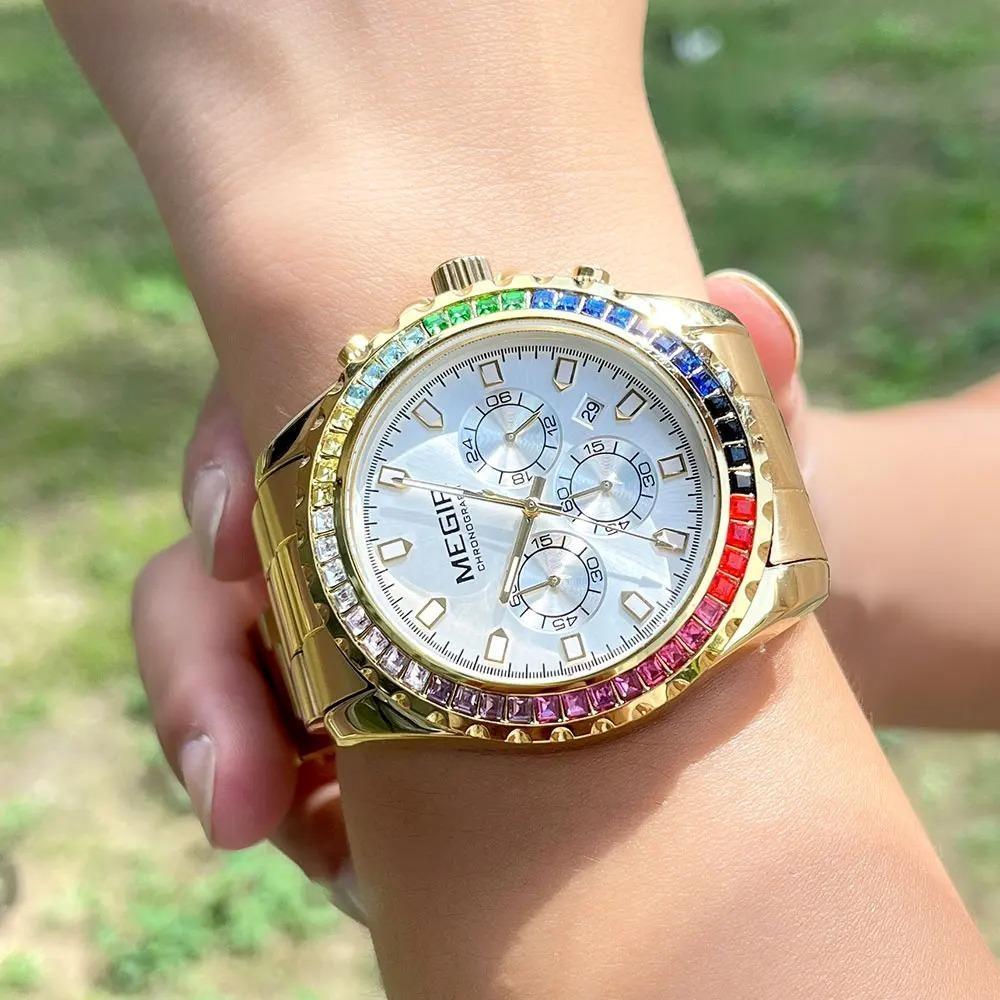 Gold Stainless Steel Strap Quartz Watch for Men Fashion Luxury Analog Chronograph Wristwatch