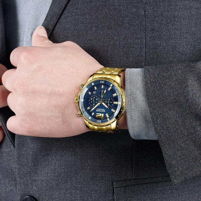 Men's Gold Stainless Steel Quartz Watches Business Chronograph Analgue Wristwatch for Man