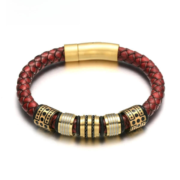 Pulsera de cuero trenzado rojo de grano completo de 8 mm para hombre, pulsera de acero inoxidable con cuentas doradas brillantes.