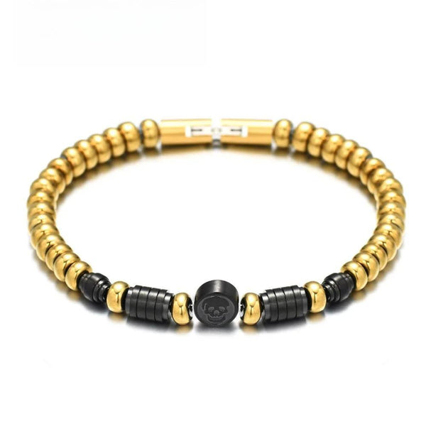 Pulsera de acero inoxidable desmontable con calavera y piedra natural de hematita dorada para hombre.