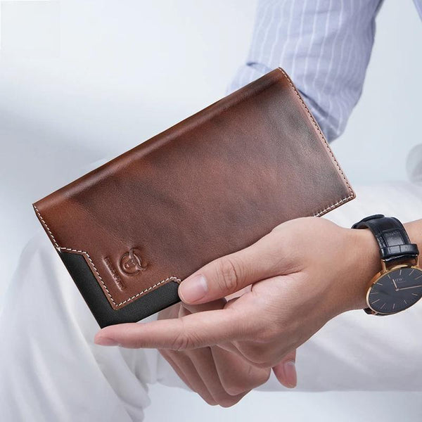 Bolso largo de cuero genuino para hombre con función RFID y tarjetero