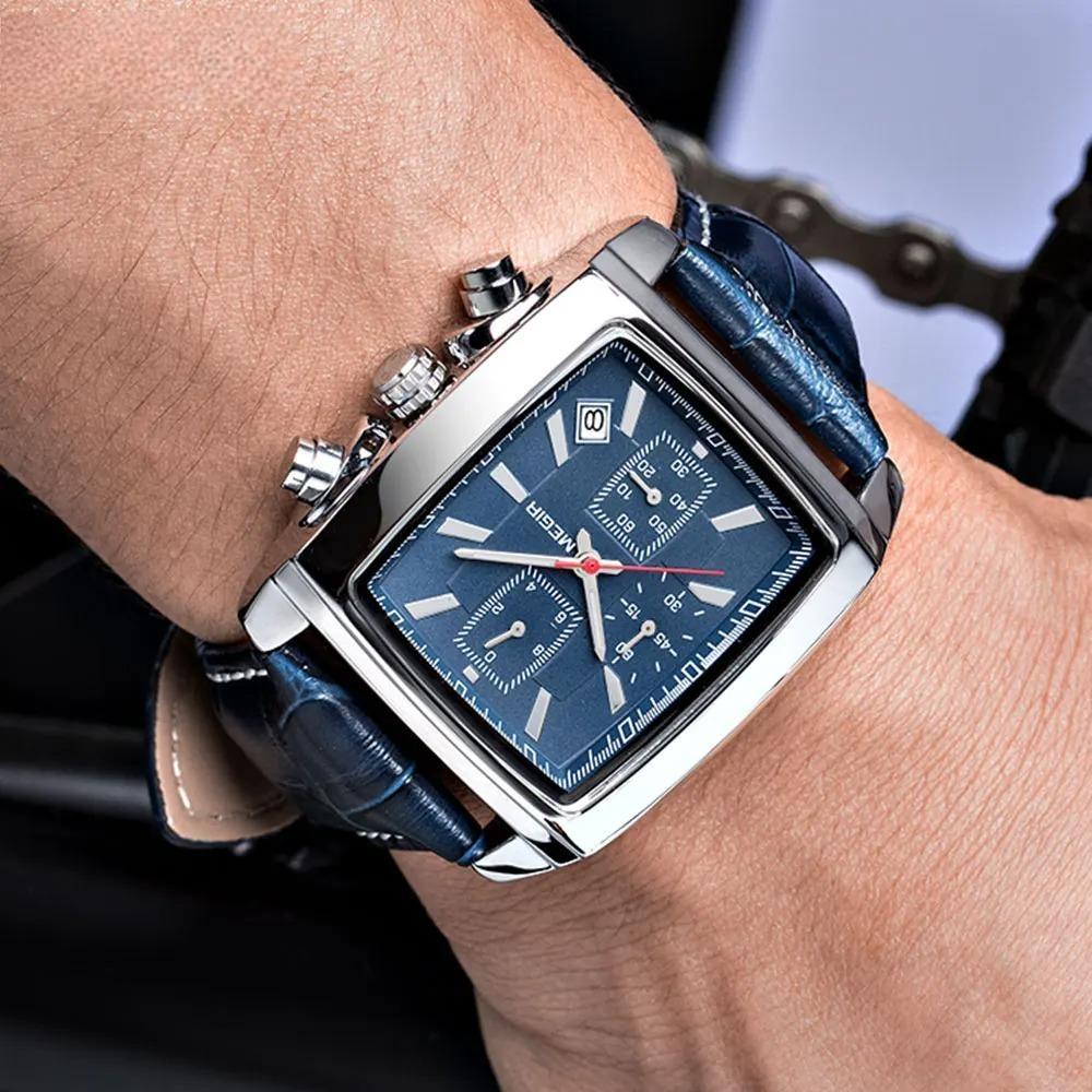 Rectangle Dial Leather Strap Watch for Men Casual Blue chronograph quartz watches Man Wristwatch