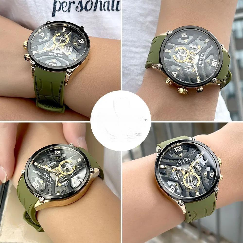 Olive Green Sport Watch Men Fashion Silicone Strap Waterproof Chronograph Quartz Wristwatch