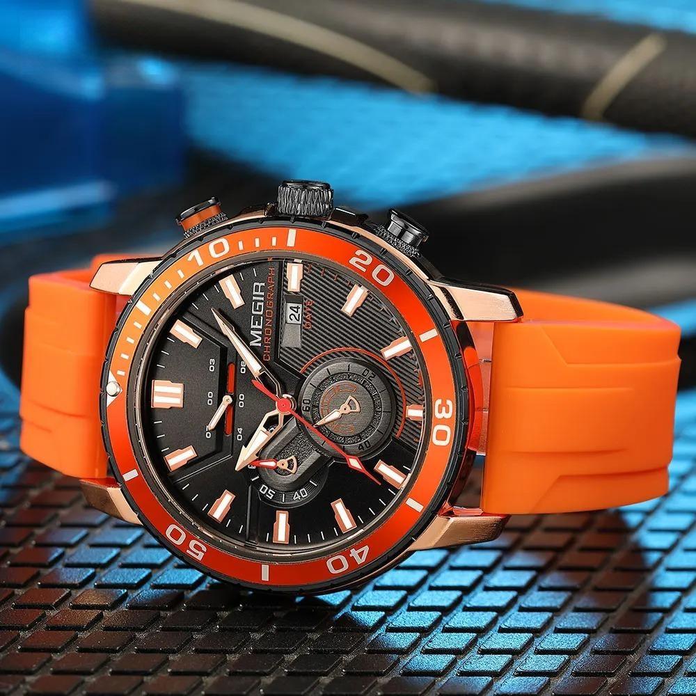 Orange Sport Watch for Men Fashion Waterproof Silicone Strap Chronograph Quartz Wristwatch