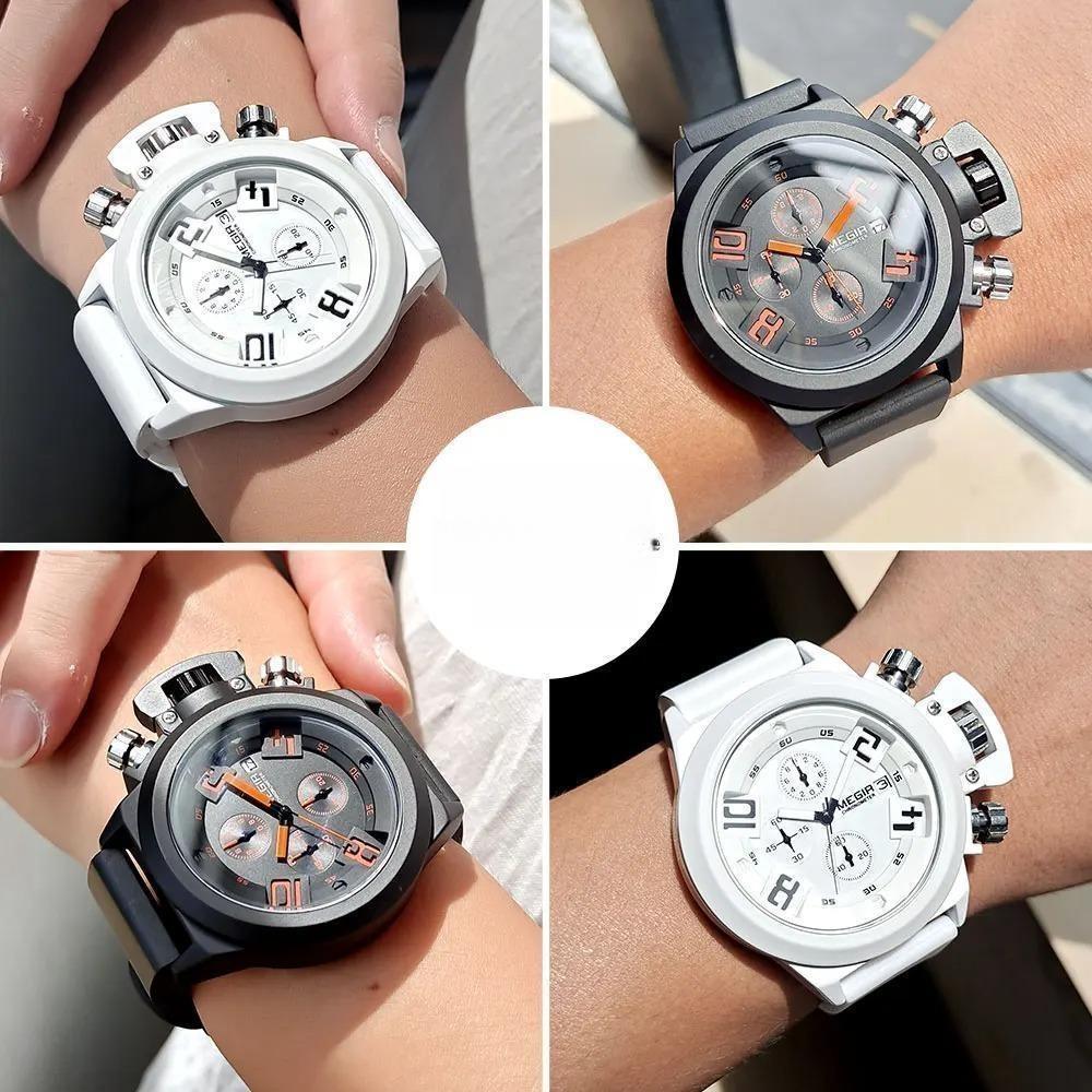 Military Sport Watches Men White Silicone Strap Chronograph Quartz Wristwatch