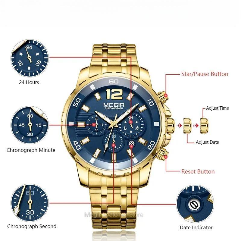 Men's Gold Stainless Steel Quartz Watches Business Chronograph Analgue Wristwatch for Man