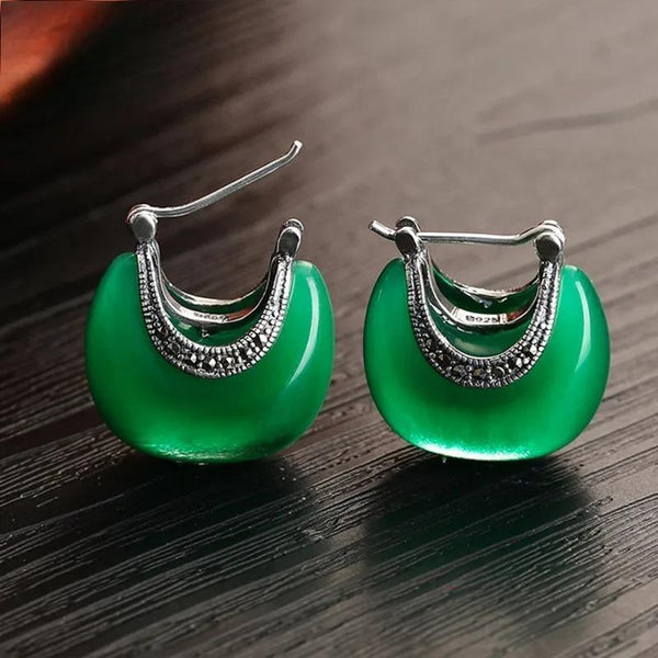 Pendientes colgantes con forma de luna en plata de ley 925, elegantes pendientes con piedra de ópalo verde.