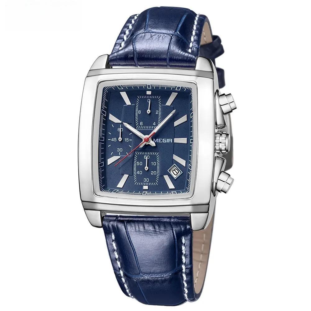 Rectangle Dial Leather Strap Watch for Men Casual Blue chronograph quartz watches Man Wristwatch