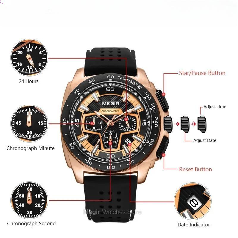 Males Mens Chronograph Sport Watches with Quartz Movement Rubber Band Luminous Wristwatch