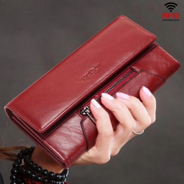 Cartera de cuero genuino para mujer con bloqueo RFID, billetera triple con tarjetero