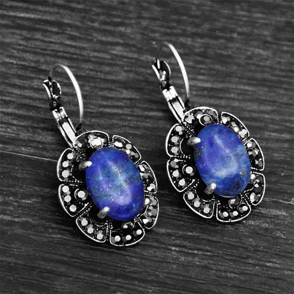 Pendientes vintage de ciruelo con lapislázuli natural y diamantes de imitación para mujer