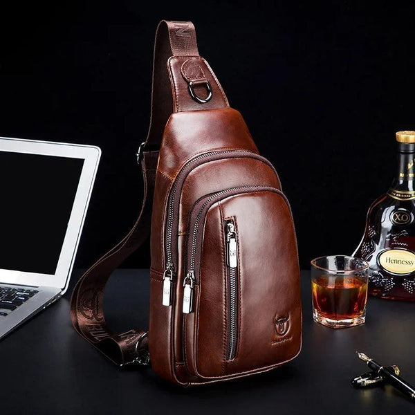 Bolso bandolera multifuncional de cuero genuino para hombre, moderno y de ocio.