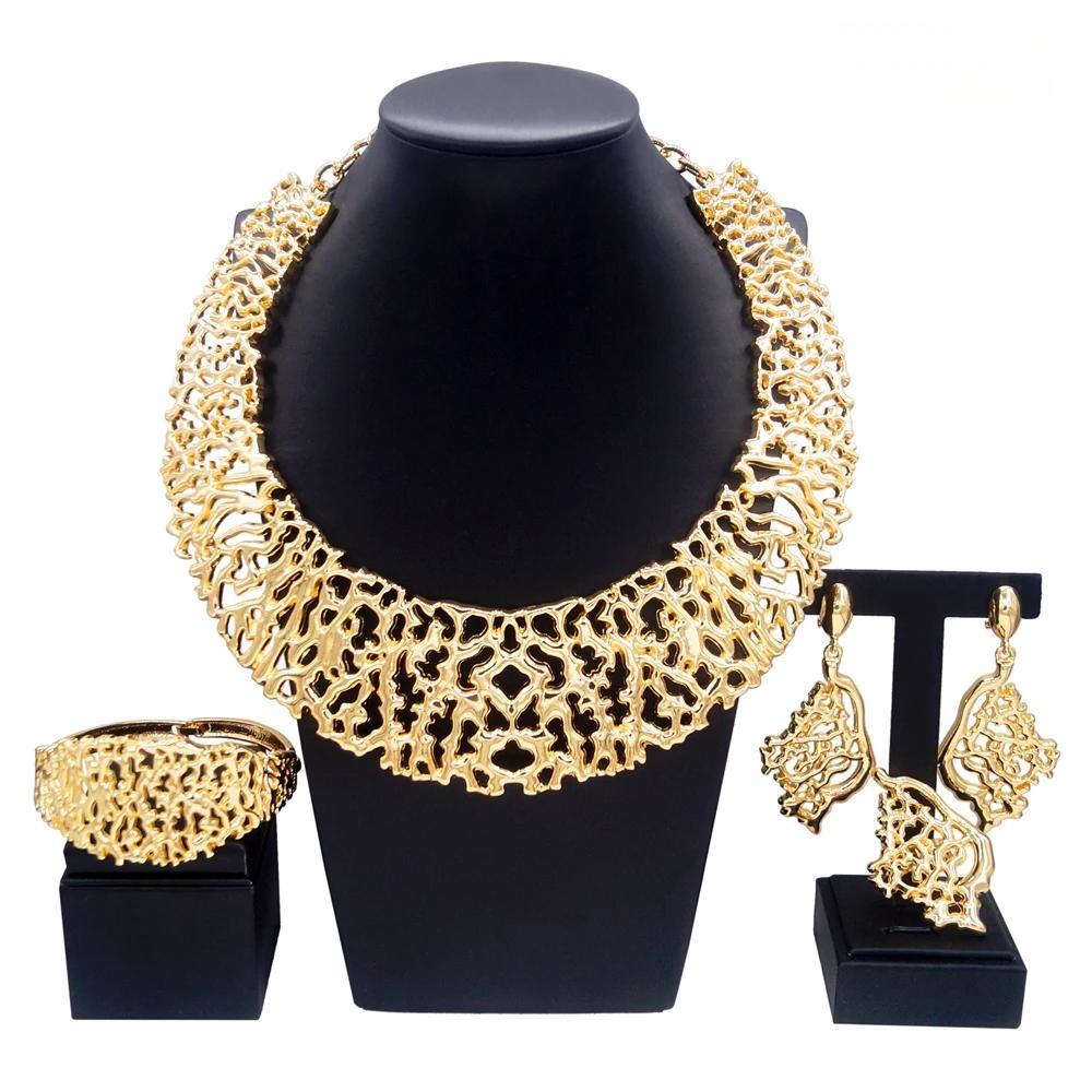 Woman Jewelry Set Italian Gold Plated Big Necklace Bracelet Ring