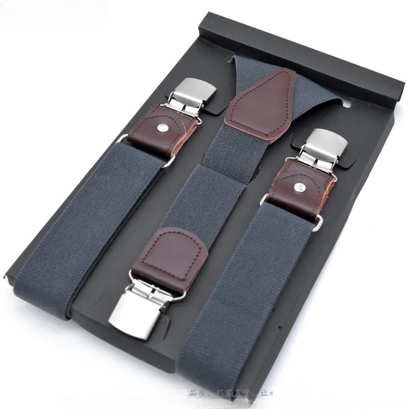 leather Suspender Mens Navy BlueElastic Suspender trousers 3Clips-on men suspenders Length-adjustable Strap