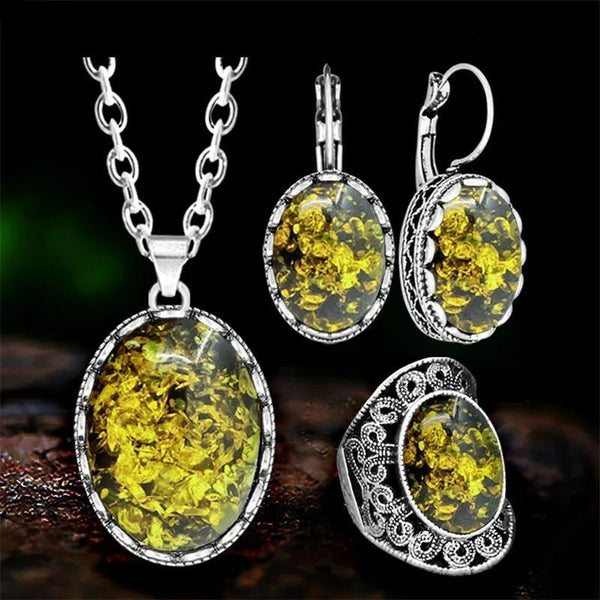 Conjuntos de joyas vintage con colgante de flor y ámbar simulado para mujer