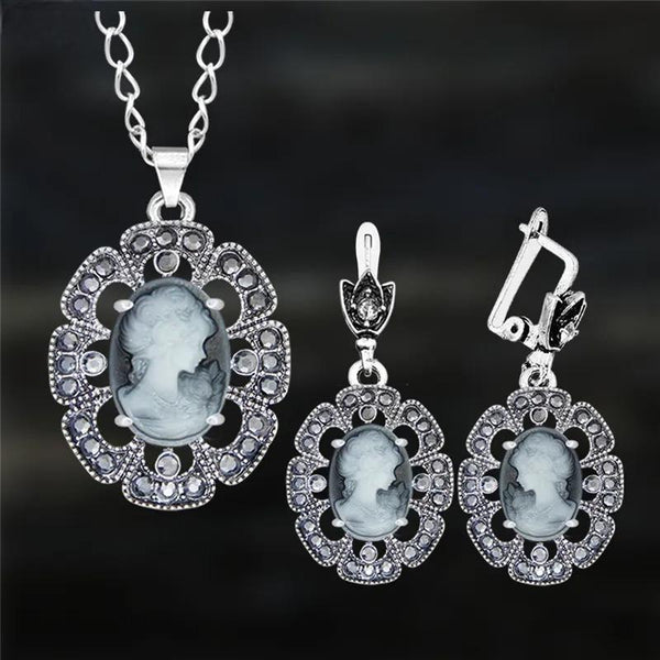 Conjunto de collar y pendientes con camafeo y colgante de ciruelo vintage para mujer