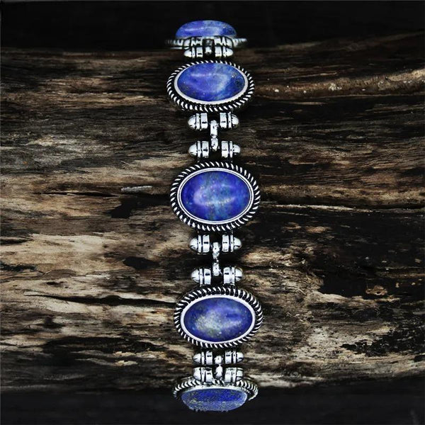 Pulsera vintage de lapislázuli con forma de planta ovalada para mujer