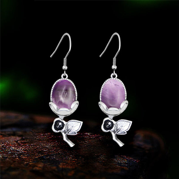Pendientes colgantes de flor rosa de cuarzo y amatista de piedra natural para mujer