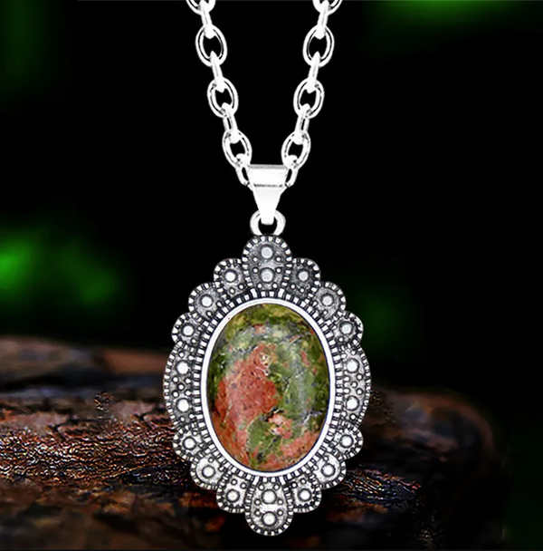 Collar con colgante de hoja de unakita de piedra natural de aspecto vintage para mujer