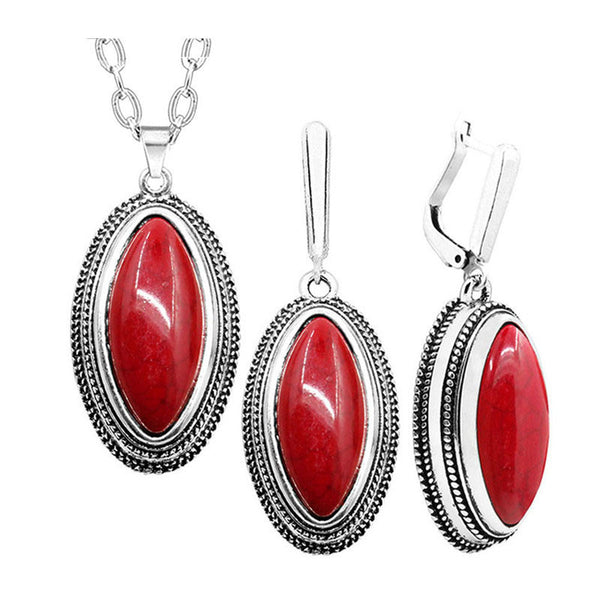 Conjunto de collar y pendientes retro con rombos de doble capa y piedra roja para mujer