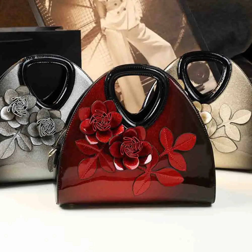 Fashion Women Evening Tote Bag Luxury Patent Leather Handbag Floral Appliques Pillow Bag