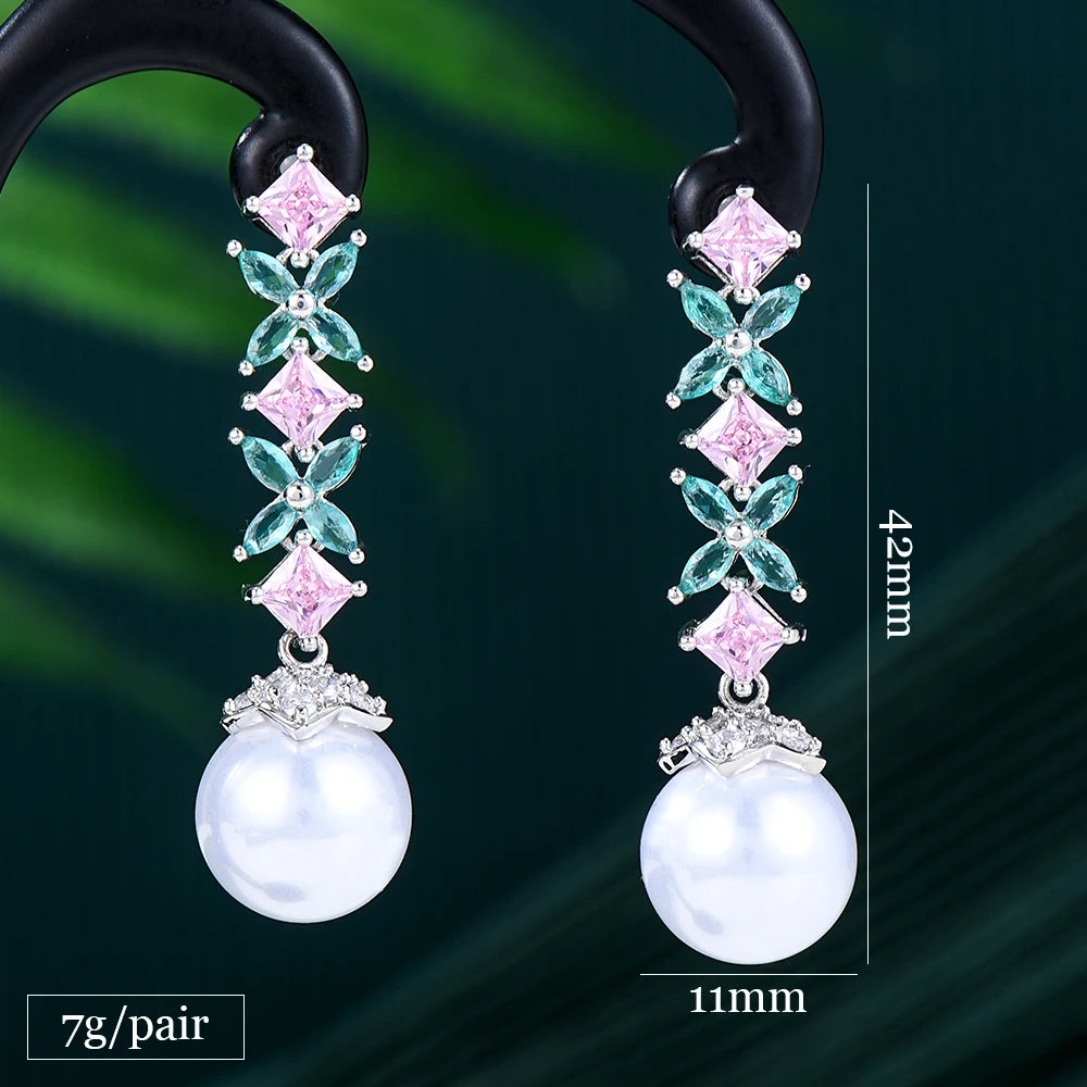 Easy Wear Lovely Geometric Flower Milticolor Cubic Zirconia Pearl Drop Earrings for Women