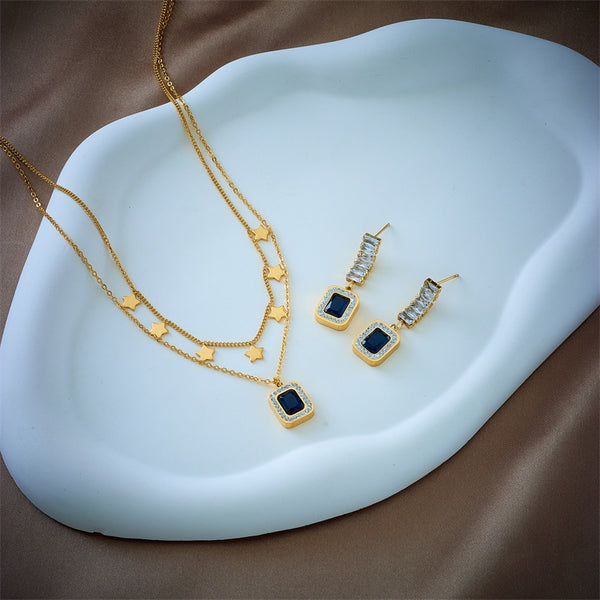 Collar y pendientes de acero inoxidable 316L con circonita azul cuadrada para mujer
