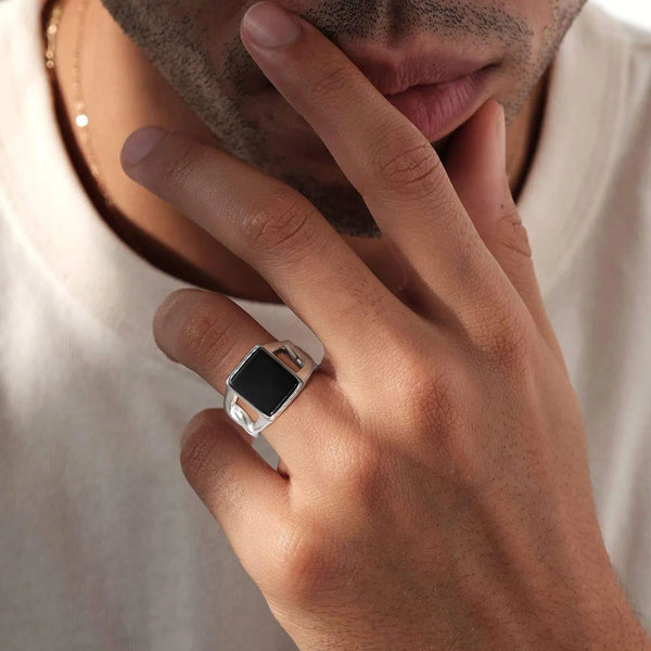 Men's Square Black Stone Signet Rings