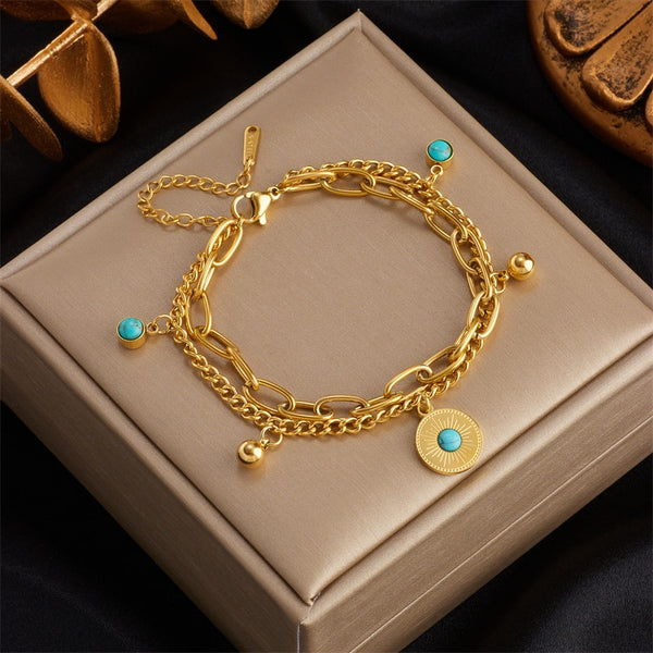 316L Stainless Steel 2-Layer Green Stone Round Charm Bracelet for Women