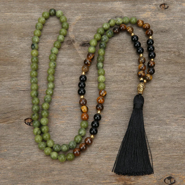 Collar Mala 108 con cuentas de ónix negro, ojo de tigre y jade del sur de 8 mm
