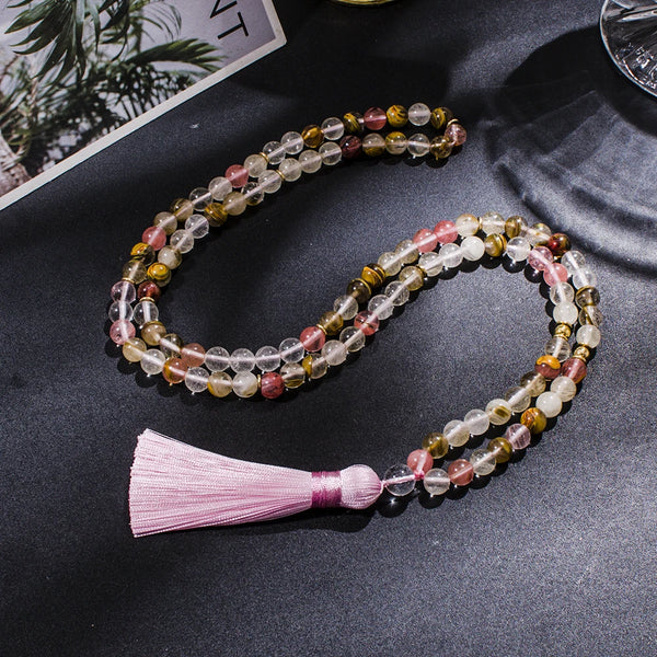 Collar de japamala con 108 cuentas de turmalina sandía de 8 mm para meditación, yoga y oración.