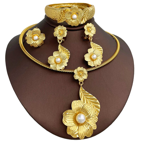 Conjunto de pendientes, collar, brazalete y anillo con perlas de imitación vintage de Dubái