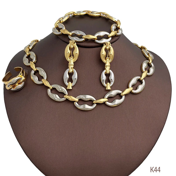 Pendientes chapados en oro de 18 quilates para mujer, joyería de Dubái, conjunto de collar de dos tonos.